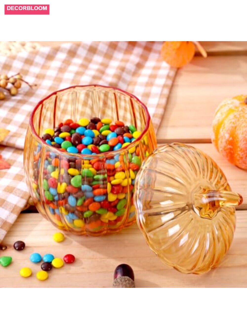 Glass Pumpkin Candy Jar with Lid Gold Stem Handle Fall Decor Cookie Jar